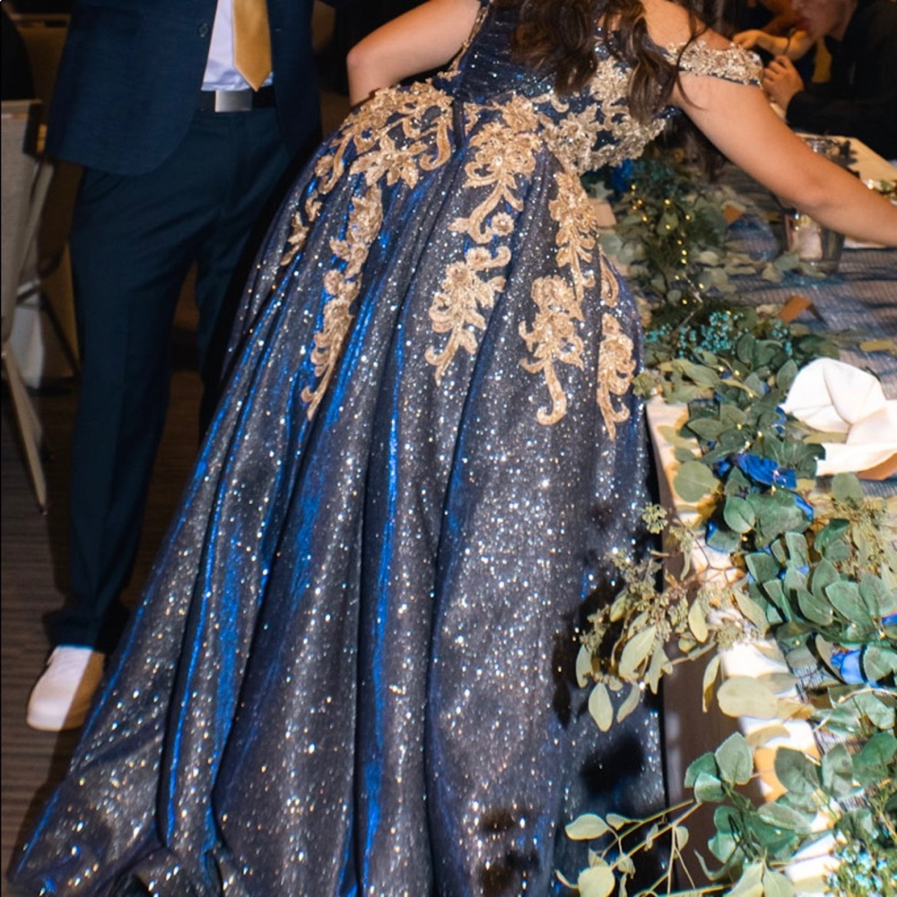 Blue and Gold embroided and embelished gown.